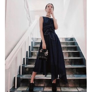 アメリヴィンテージ(Ameri VINTAGE)のe'lffine  ２WAY WAIST RIBBON DRESS デニムワンピ(ロングワンピース/マキシワンピース)