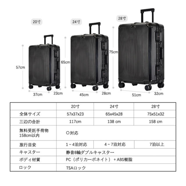専門店 大容量 スーツケース 本体 黒 高品質 Lサイズ XLサイズ 軽量 