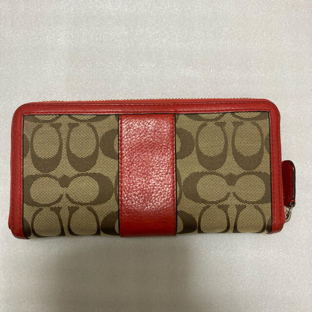コーチ シグネチャーの長財布 赤とオレンジ系ヌメレザー 美品☆COACH コーチ シグネチャー 赤ライン 長財布