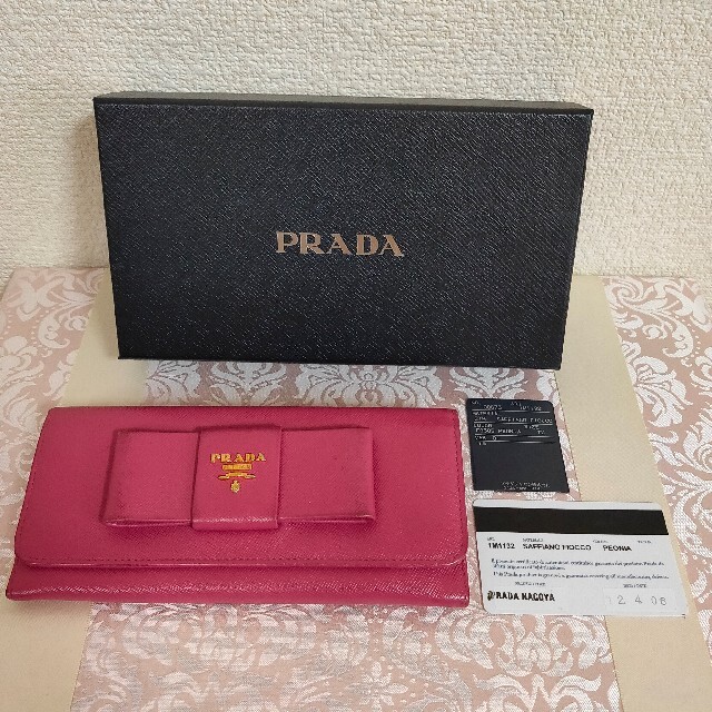 95cm横プラダ サフィアーノ PRADA レザー リボン 長財布 ピンク ペオニア