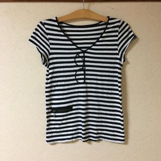 アダムエロぺ(Adam et Rope')の●アダムエロペ ボーダー スパンコール メガネ Ｖネック Tシャツ  (Tシャツ(半袖/袖なし))