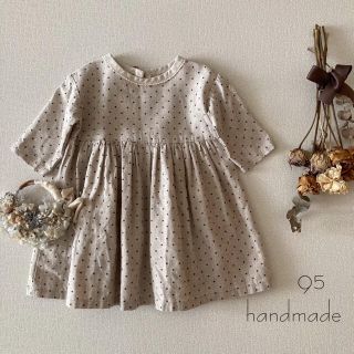 ハンドメイド✾ ⚚ ↟ リネンコットン ドット柄ワンピース*̩̩̥୨୧˖ 95(ワンピース)