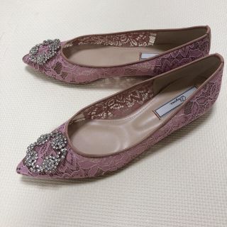 マノロブラニク(MANOLO BLAHNIK)のピンク フラット シューズ レース ビジュー 24.5cm 38.5 マノロ(バレエシューズ)