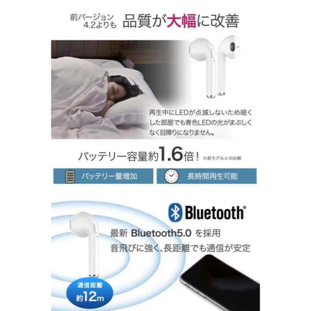 ワイヤレス　イヤホン　ホワイト　Bluetooth 5.0 白 スマホ/家電/カメラのオーディオ機器(ヘッドフォン/イヤフォン)の商品写真