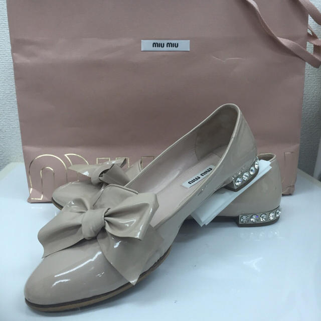 中古】 miumiu ビジューリボンシューズ37 ミュウミュウ - バレエ
