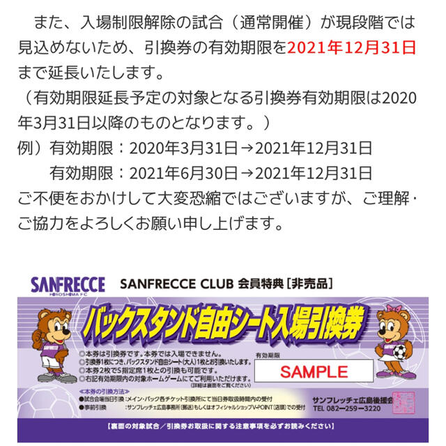 サンフレッチェ広島 バックゾーン入場引換券 2枚【2021年12月末まで 