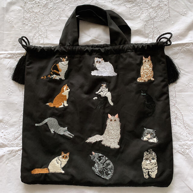 ear PAPILLONNER - ear PAPILLONNER 猫刺繍巾着トートバッグの ear PAPILLONNER - ear PAPILLONNER 猫刺繍巾着トートバッグの