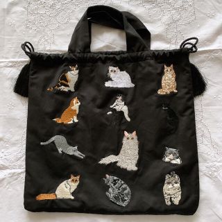 イアパピヨネ　猫　刺繍巾着トートバック