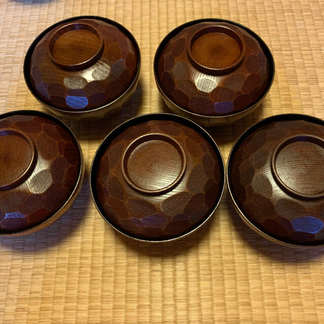 0228-4 新品　欅　亀甲型　蓋つき椀　5客食器