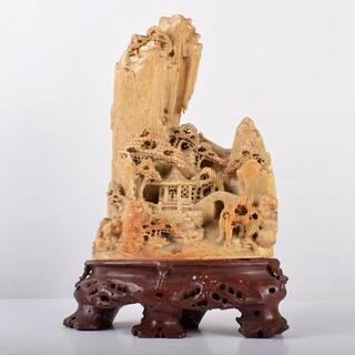 中国　玉石蝋石青田石　楼閣山水雕　床飾　置物　M　R3443(彫刻/オブジェ)