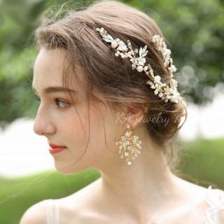 2点セット☆ヘッドドレス&ピアス(イヤリング)ウエディング結婚式ゴールド(ウェディングドレス)