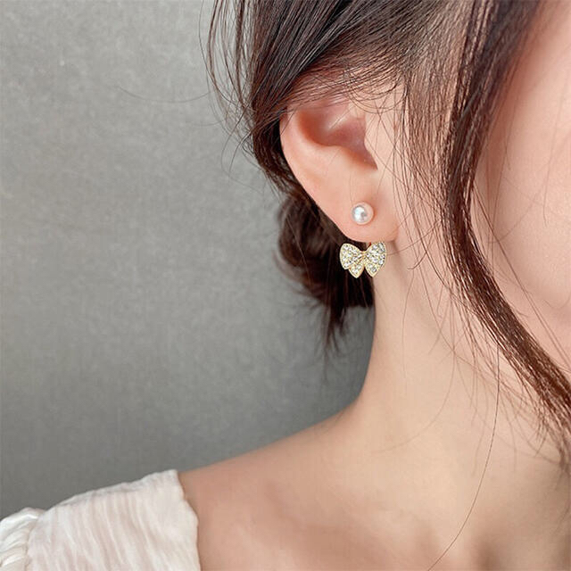 リボン バックキャッチ パール ピアス S925 韓国ピアス 新品