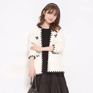 アプワイザーリッシェ ニットジャケット ノーカラージャケット 公式サイト 【新品タグ付き】配色デザインニットジャケット ノーカラージャケット