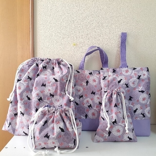入園入学5点セット ネコとレース 紫(バッグ/レッスンバッグ)