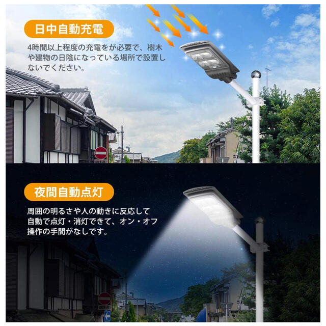 照明器具 街路灯 ソーラー 街灯 外灯 LED ソーラーライト 屋外 人感センサー 夜間自動点灯 約2500lm 100W水銀灯相当 IP65防水 耐 - 4