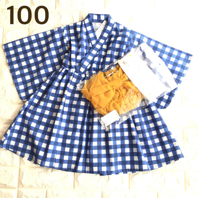 【100】ギンガムチェック 浴衣 ドレス 巾着付き 青 キッズ/ベビー/マタニティのキッズ服女の子用(90cm~)(甚平/浴衣)の商品写真