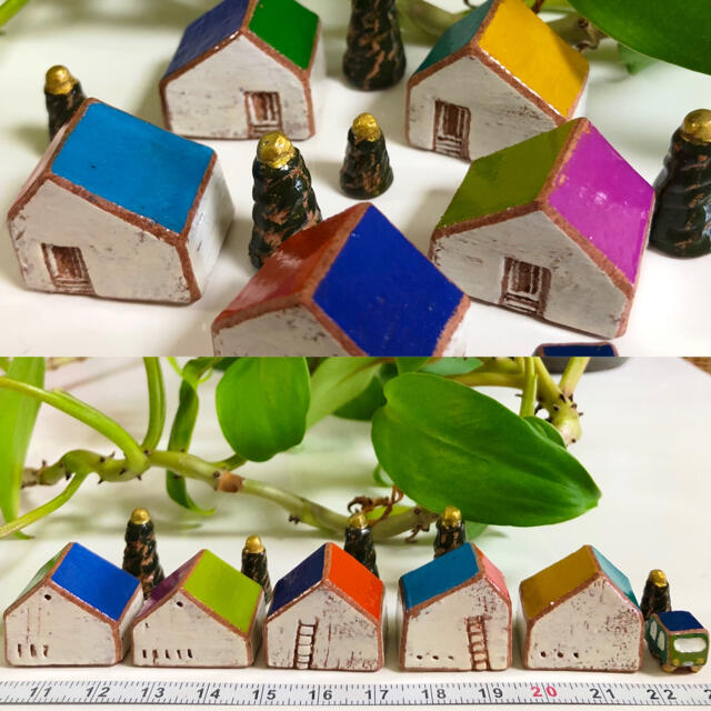 《お取り置き作品》色を集めた5つの家と金色の流れ星の木・カラフルな小さな車 インテリア/住まい/日用品のインテリア小物(置物)の商品写真