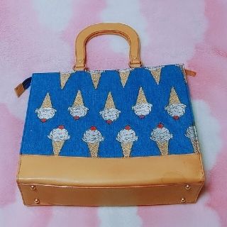 フランシュリッペ(franche lippee)のアイスクリーム刺繍かっちりバッグ　デニム(ハンドバッグ)