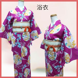 美品★浴衣★細身の方や高学年女児向け★赤紫地に花柄★レディース浴衣★夏着物★(浴衣)