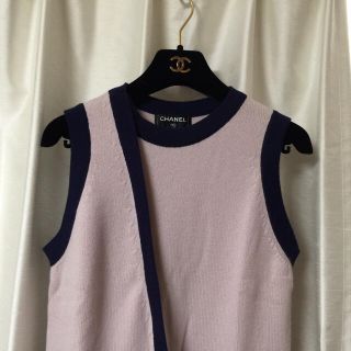 シャネル(CHANEL)のCHANEL カシミヤ ワンピース 36 ベビーピンク × ネイビー 美品(ひざ丈ワンピース)