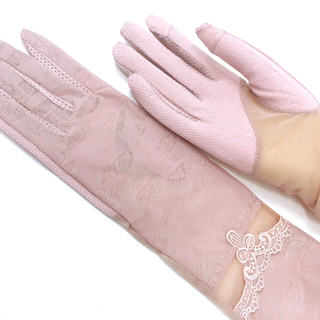 036 送料無料　ロング　滑り止め　レース　花柄　UV対策レディース手袋　ピンク(手袋)