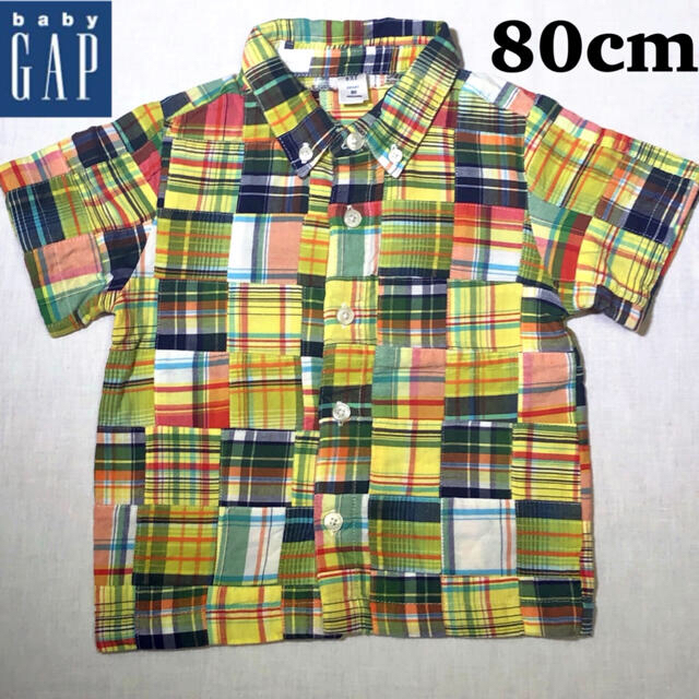 babyGAP(ベビーギャップ)の【80cm】babyGAP ベビーギャップチェックパーチワーク柄半袖シャツ キッズ/ベビー/マタニティのベビー服(~85cm)(シャツ/カットソー)の商品写真