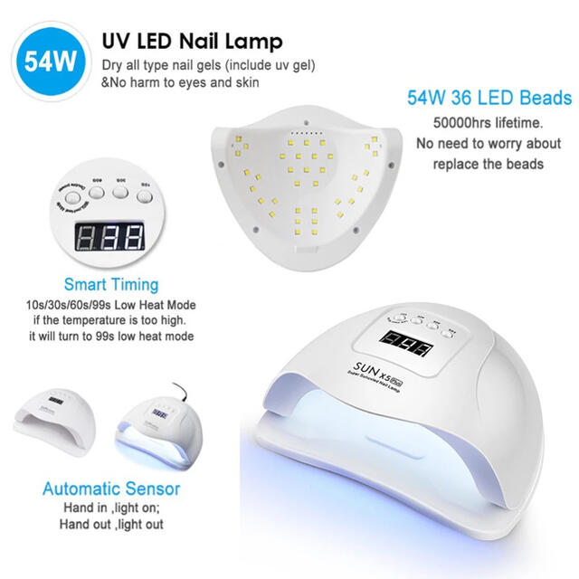 UV LEDライト レジン UV＋LED 54w ネイルドライヤー コスメ/美容のネイル(ネイル用品)の商品写真