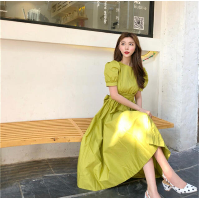 韓国 韓国ファッション ロングワンピース イエロー ドレス  レディースのワンピース(ロングワンピース/マキシワンピース)の商品写真