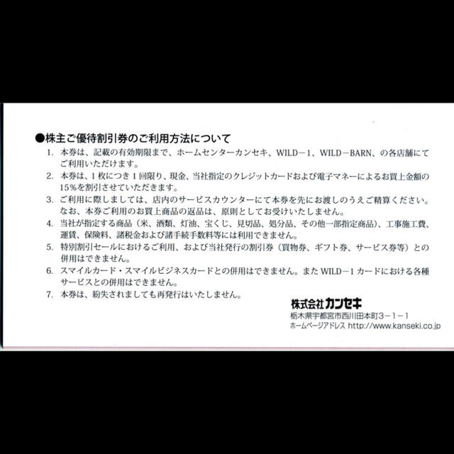 WILD-1 ワイルドワン　カンセキ 株主優待 割引券 1枚 ⭐️⭐️ チケットの優待券/割引券(ショッピング)の商品写真