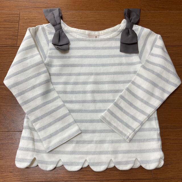 petit main(プティマイン)のpetit main ボーダー裾スカラップ肩リボンロンＴ キッズ/ベビー/マタニティのキッズ服女の子用(90cm~)(Tシャツ/カットソー)の商品写真