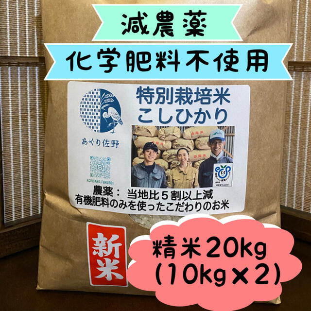 特別栽培米 精米20kg 減農薬 有機肥料 R2年 プレミアムコシヒカリ