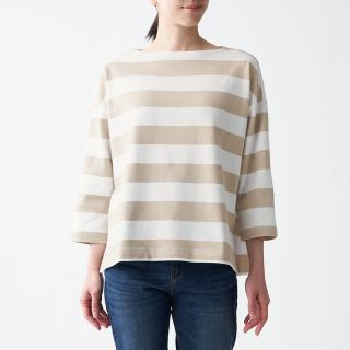 ムジルシリョウヒン(MUJI (無印良品))の太番手天竺編みボートネック七分袖Ｔシャツ　Ｍ～Ｌペールブラウンストライプ(カットソー(長袖/七分))