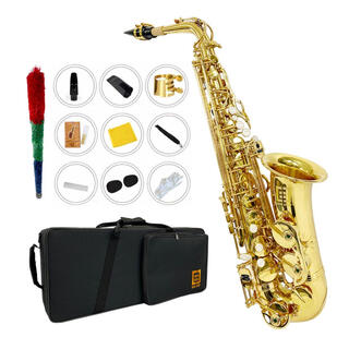 アルトサックス11点セット E Saxophone ゴールドラッカー ケース付き(サックス)