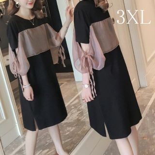 春服☆ 3XL☆上品ひざ丈☆ストレッチワンピース☆着ヤセ☆シフォン☆ドレス☆黒(ひざ丈ワンピース)