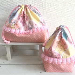 アラベスク柄♡ピーチピンク水玉♡フリル付 お弁当袋＋コップ袋(外出用品)