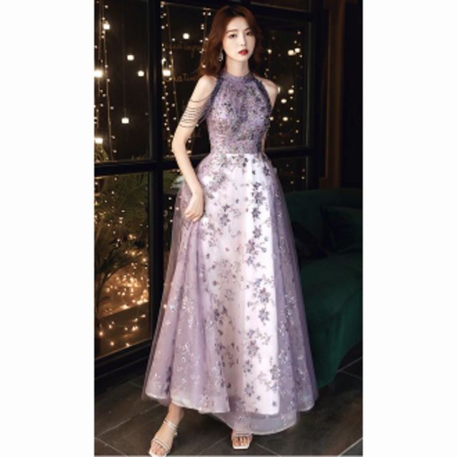 【超特価】 美品！  パーティードレス   パープル/紫   ミディアムドレス  編み上げ ロングドレス