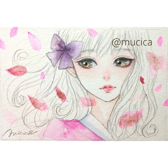 手描きイラスト　桜の姫君　オリジナル　水彩画