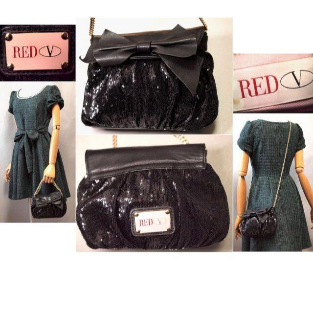革×スパンコール革カラーSALE❤️レッド ヴァレンティノ★リボンが可愛いバッグ黒