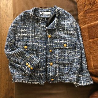 ✨未使用タグ付✨ZARA ツイードジャケット ノーカラー ミックスカラー ブルー