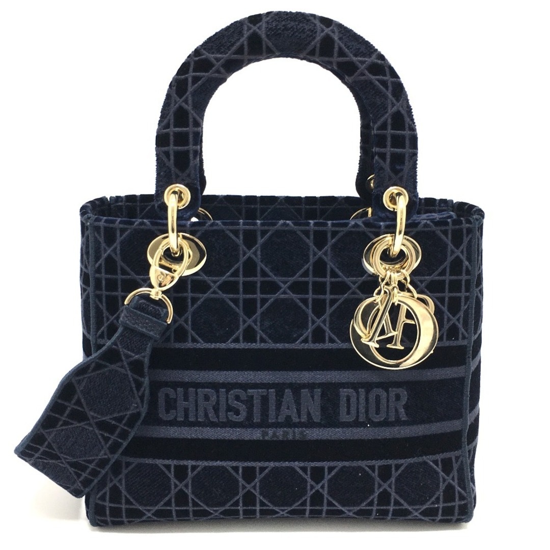 クリスチャンディオール Christian Dior カナージュ エンブロイダリー M0565O レディーディオール ディーライト ミディアムバッグ ハンドバッグ ベルベット ネイビー 美品約32cmショルダー最長