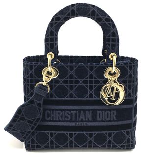 クリスチャンディオール(Christian Dior)のクリスチャンディオール Christian Dior カナージュ エンブロイダリー M0565O レディーディオール ディーライト ミディアムバッグ ハンドバッグ ベルベット ネイビー 美品(ハンドバッグ)