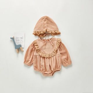 帽子付き花刺繍レースロンパース　66(新品）韓国ベビー服　韓国子供服(ロンパース)