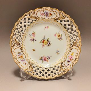 マイセン(MEISSEN)のマイセン 1860-80年頃 瑠璃金彩 昆虫花束文 透かしボーダープレート A(食器)