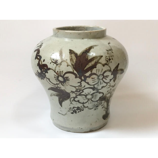 骨董 李朝 白磁 鉄砂 鉄絵 花文 花入 壺 壷 花瓶 大壺 分院窯