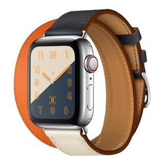 Apple Watch レザー ロングループ 38/40mm ネイビー/オレンジ(腕時計)