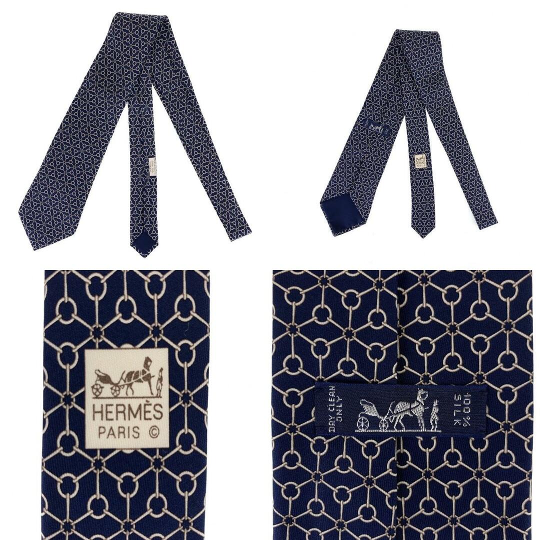 HERMES エルメス チェーン柄 総柄 ネイビー グレー 剣先9cm ネクタイ メンズ 102974