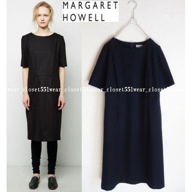 MARGARET HOWELL(マーガレットハウエル)の美品マーガレットハウエル☆ウールタック ワンピース 2 ネイビー★66960円 レディースのワンピース(ひざ丈ワンピース)の商品写真