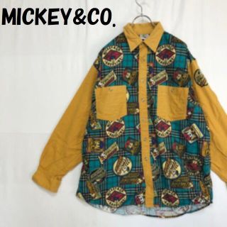 【人気】MICKEY&CO. ミッキーマウス 長袖 総柄×無地 切替シャツ M(シャツ)