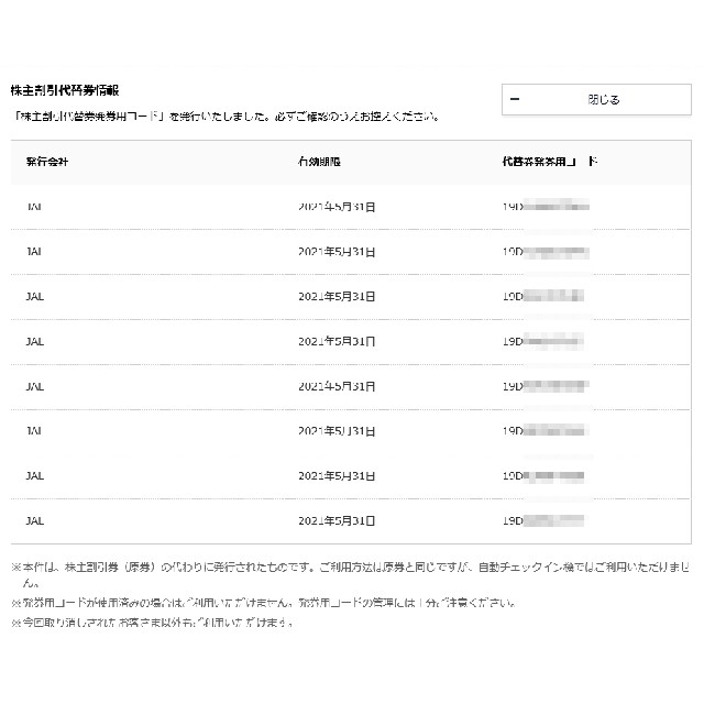 JAL(日本航空)(ジャル(ニホンコウクウ))のJAL（日本航空）株主優待券 代替コード チケットの優待券/割引券(その他)の商品写真