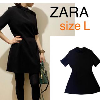 ザラ(ZARA)の★ZARA★ブラックワンピース モックック クルーネック 五分丈袖 ビジュー付き(ひざ丈ワンピース)